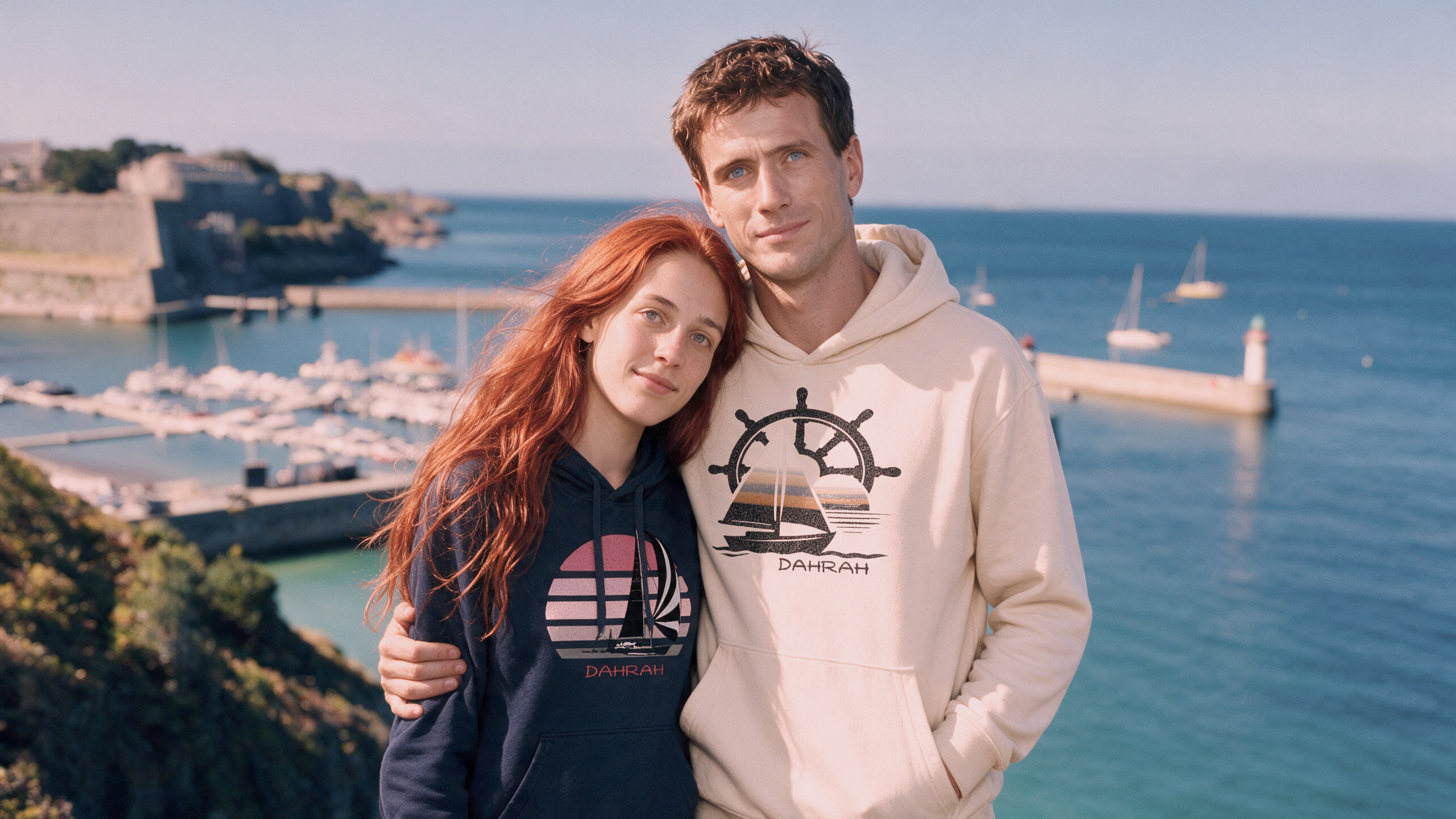 Nautical style organic sailing hoodies with sailboat by Dahrah Fashion.